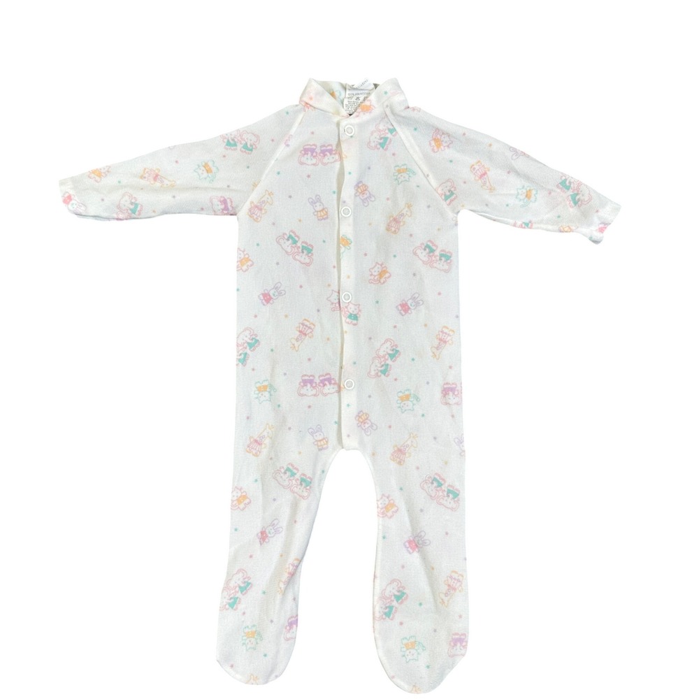 Vintage Lullaby Land Baby Footed Sleeper Pastel Animal Print White Medium USA